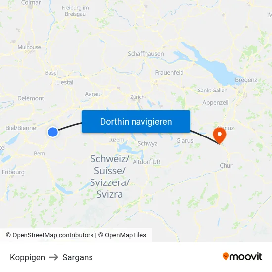 Koppigen to Sargans map