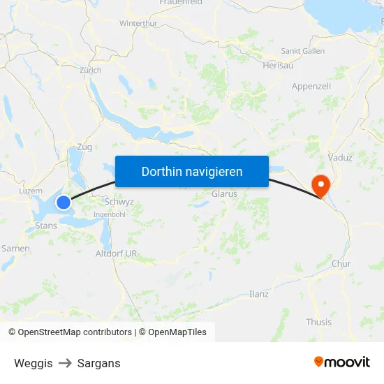 Weggis to Sargans map