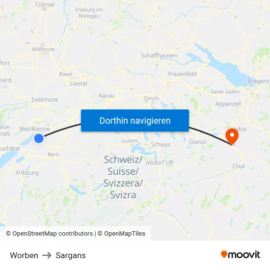 Worben to Sargans map