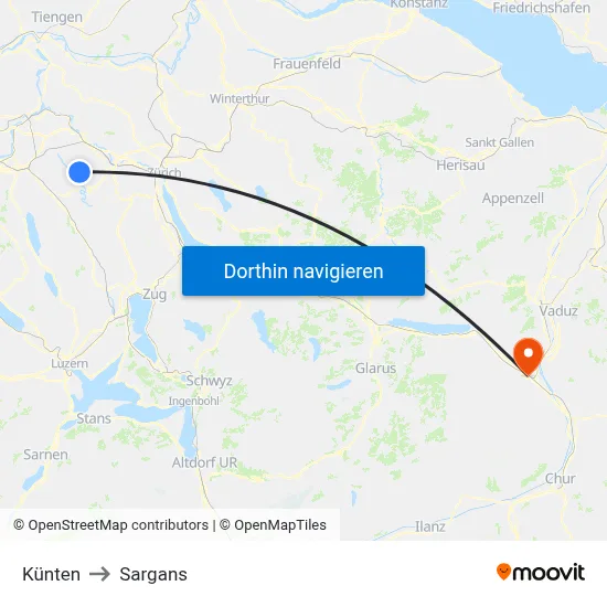 Künten to Sargans map