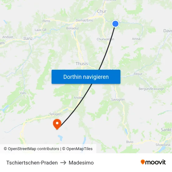 Tschiertschen-Praden to Madesimo map