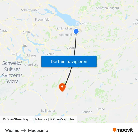 Widnau to Madesimo map