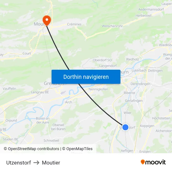 Utzenstorf to Moutier map
