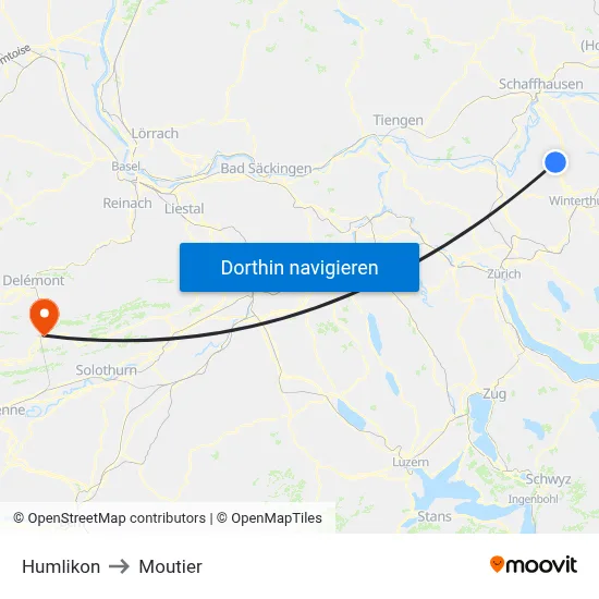 Humlikon to Moutier map