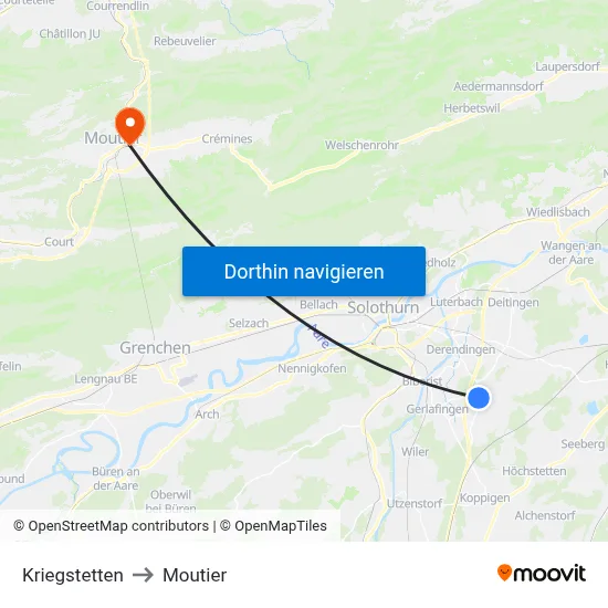 Kriegstetten to Moutier map