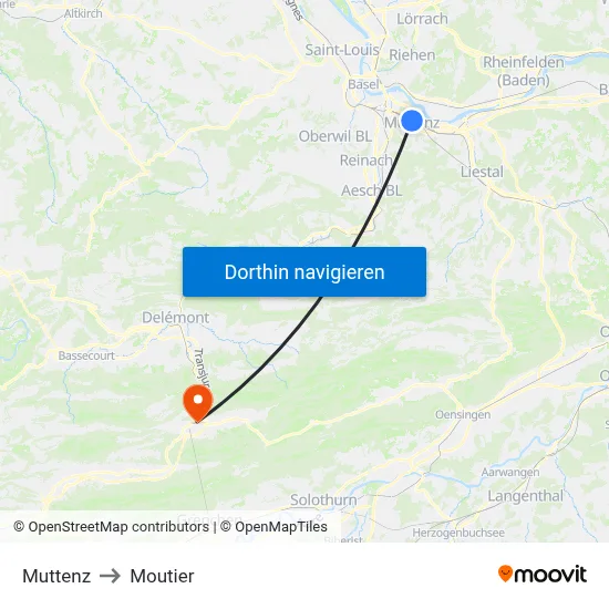 Muttenz to Moutier map