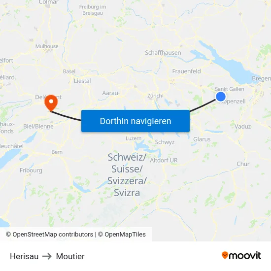 Herisau to Moutier map