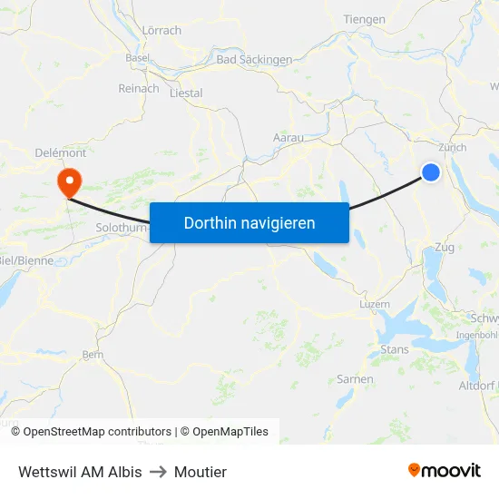 Wettswil AM Albis to Moutier map