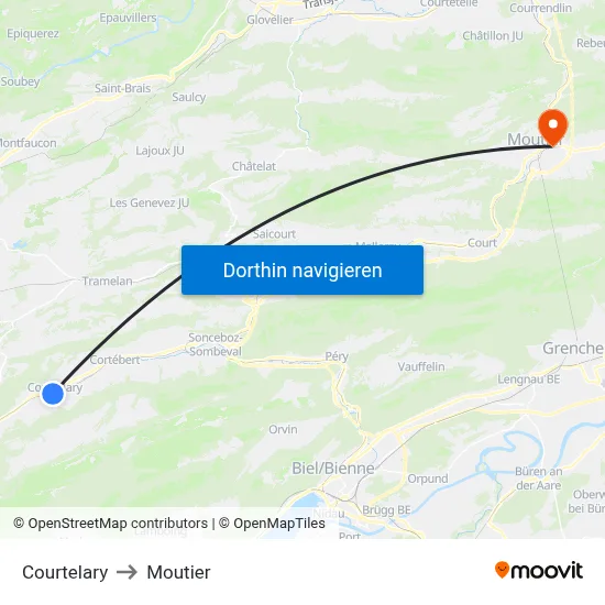 Courtelary to Moutier map