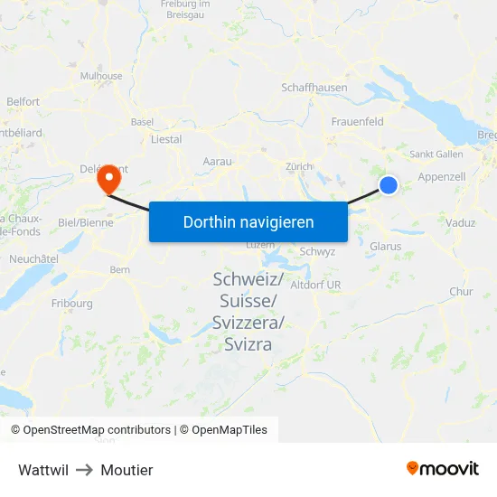 Wattwil to Moutier map