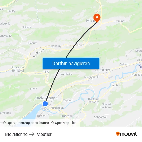 Biel/Bienne to Moutier map