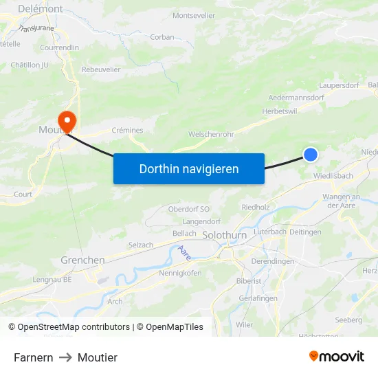 Farnern to Moutier map