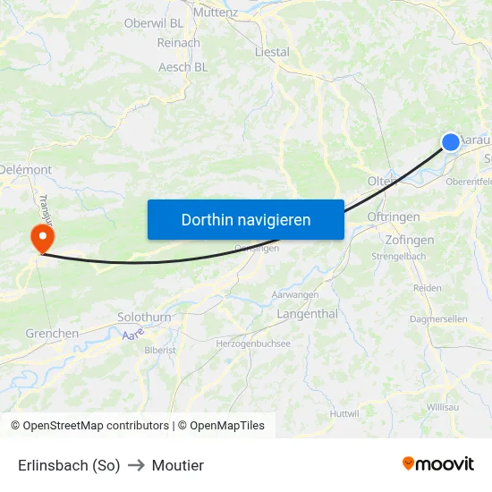 Erlinsbach (So) to Moutier map
