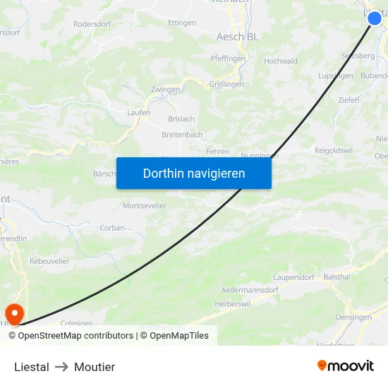 Liestal to Moutier map