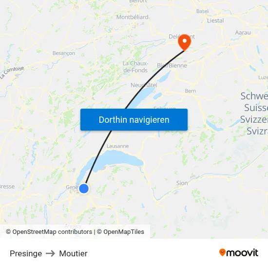 Presinge to Moutier map