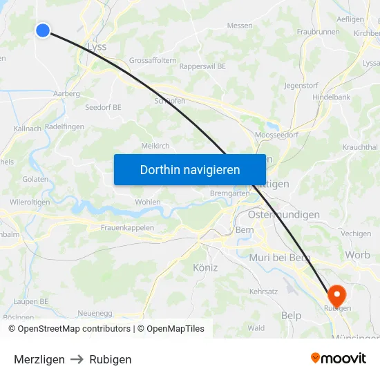 Merzligen to Rubigen map