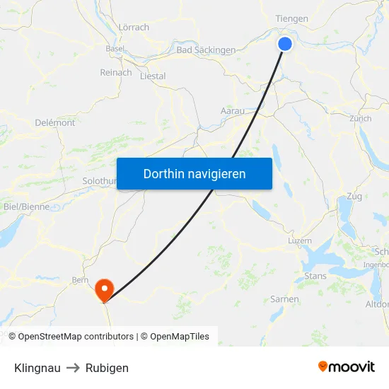 Klingnau to Rubigen map