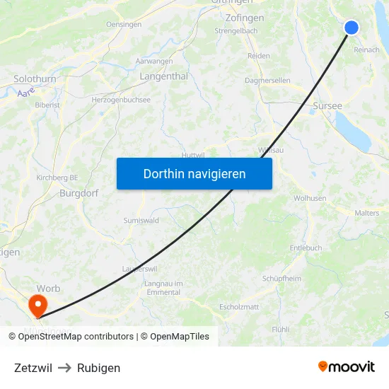 Zetzwil to Rubigen map
