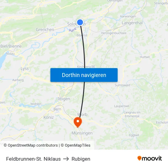 Feldbrunnen-St. Niklaus to Rubigen map