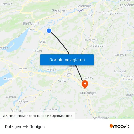 Dotzigen to Rubigen map