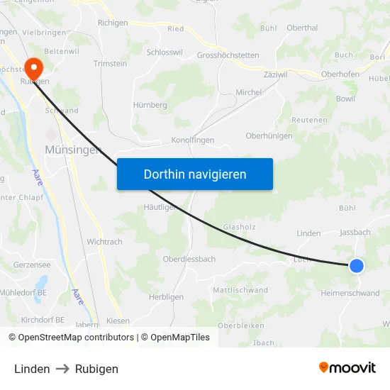Linden to Rubigen map