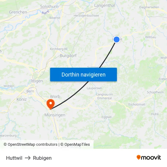 Huttwil to Rubigen map