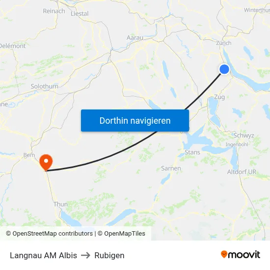 Langnau AM Albis to Rubigen map