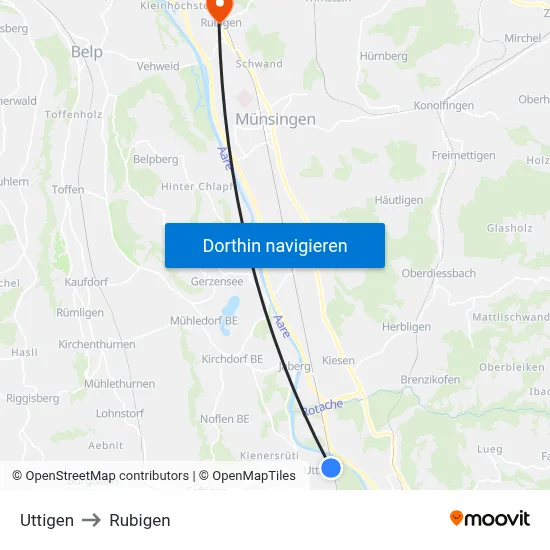 Uttigen to Rubigen map
