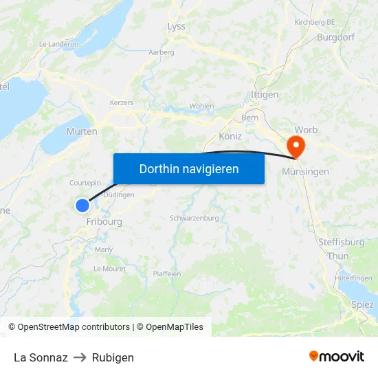 La Sonnaz to Rubigen map