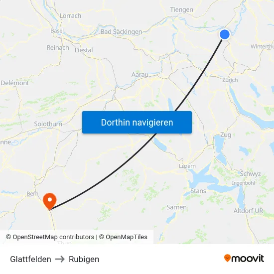 Glattfelden to Rubigen map