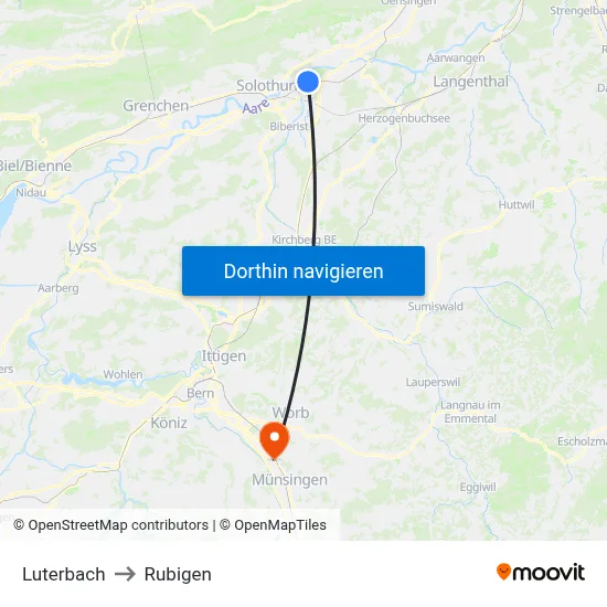 Luterbach to Rubigen map