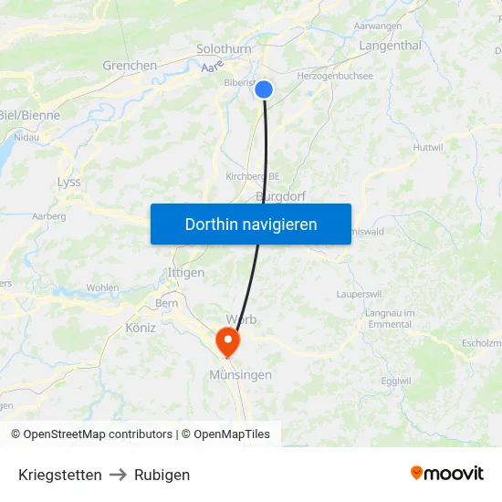 Kriegstetten to Rubigen map