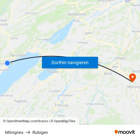 Milvignes to Rubigen map