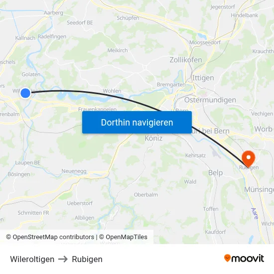 Wileroltigen to Rubigen map