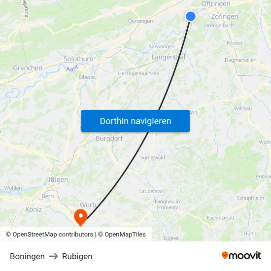 Boningen to Rubigen map