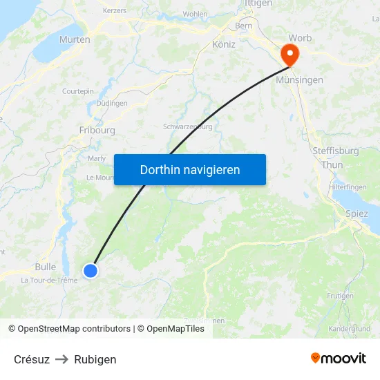 Crésuz to Rubigen map