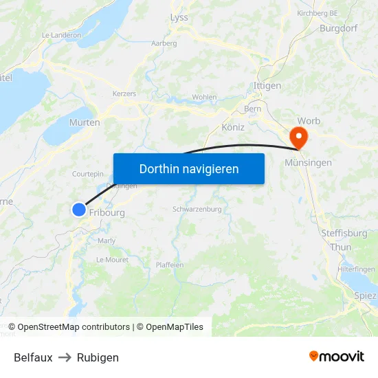 Belfaux to Rubigen map