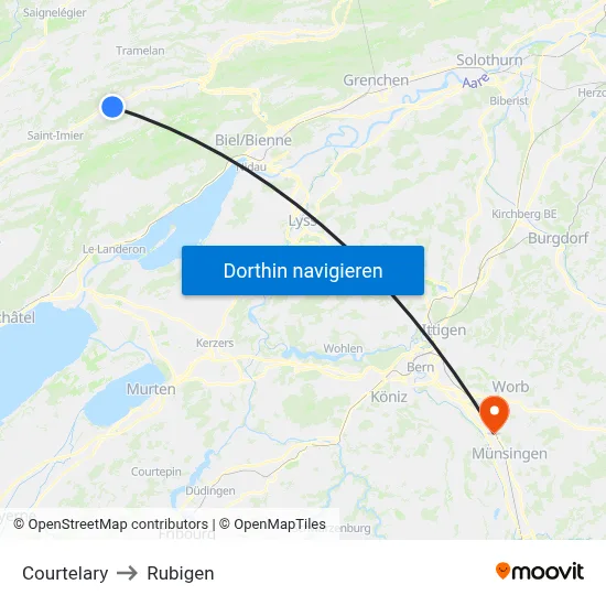 Courtelary to Rubigen map