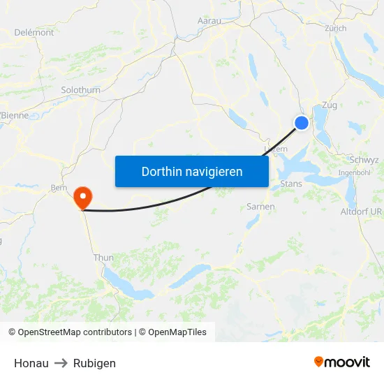 Honau to Rubigen map