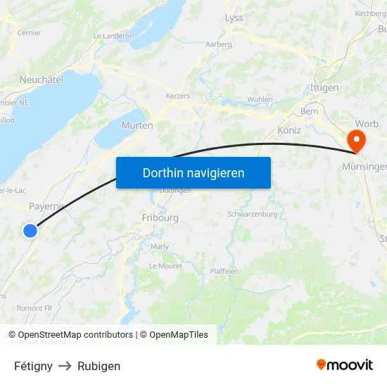 Fétigny to Rubigen map