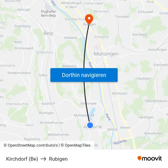 Kirchdorf (Be) to Rubigen map
