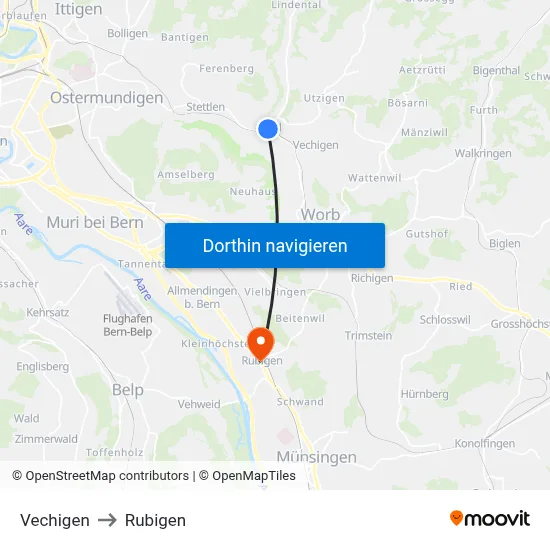 Vechigen to Rubigen map