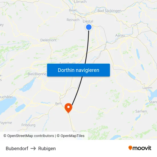 Bubendorf to Rubigen map