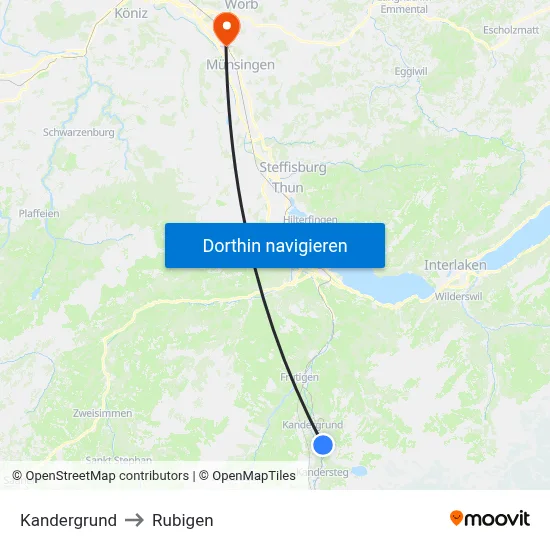 Kandergrund to Rubigen map