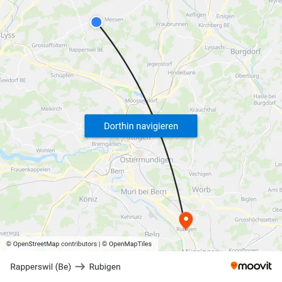 Rapperswil (Be) to Rubigen map