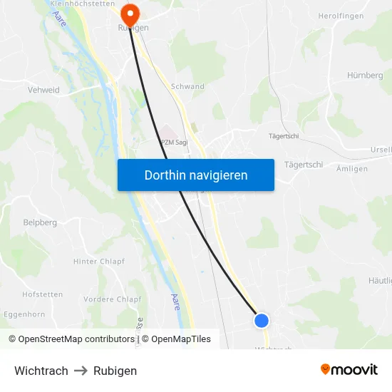 Wichtrach to Rubigen map