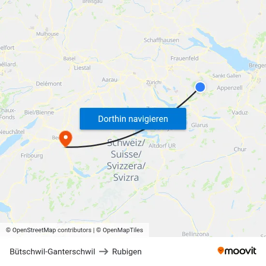 Bütschwil-Ganterschwil to Rubigen map