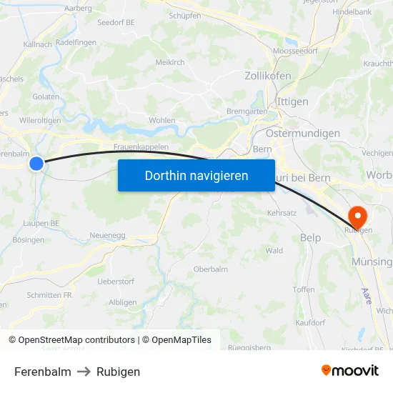 Ferenbalm to Rubigen map