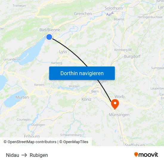 Nidau to Rubigen map
