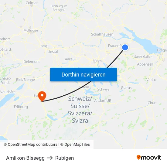 Amlikon-Bissegg to Rubigen map